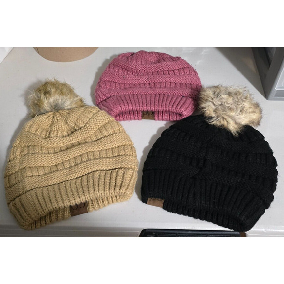 C.C Beanie Hats Women's OSFM Pink, Black and Tan 3 Pack Knit Acrylic - Picture 2 of 12
